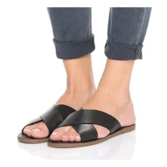 Madewell Raven Black Criss Cross Leather Boardwalk Slide‎ Sandal Sz 7 Minimalist - Picture 1 of 7